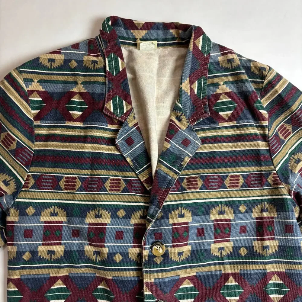Vintage 90s Cotton Denim Jacket Aztec Tribal Southwestern Boho Jean USA Vivaldi